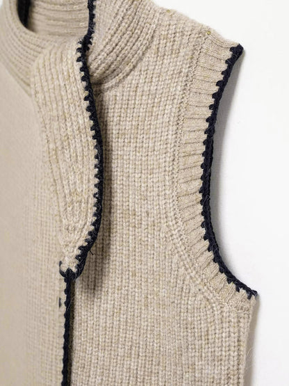 Tie Neck Contrast Trim Button Sweater Vest Khaki