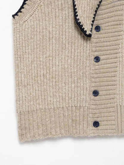 Tie Neck Contrast Trim Button Sweater Vest Khaki