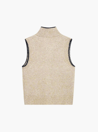 Tie Neck Contrast Trim Button Sweater Vest Khaki