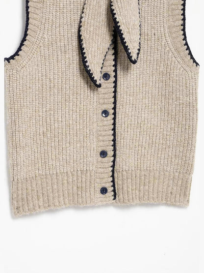 Tie Neck Contrast Trim Button Sweater Vest Khaki