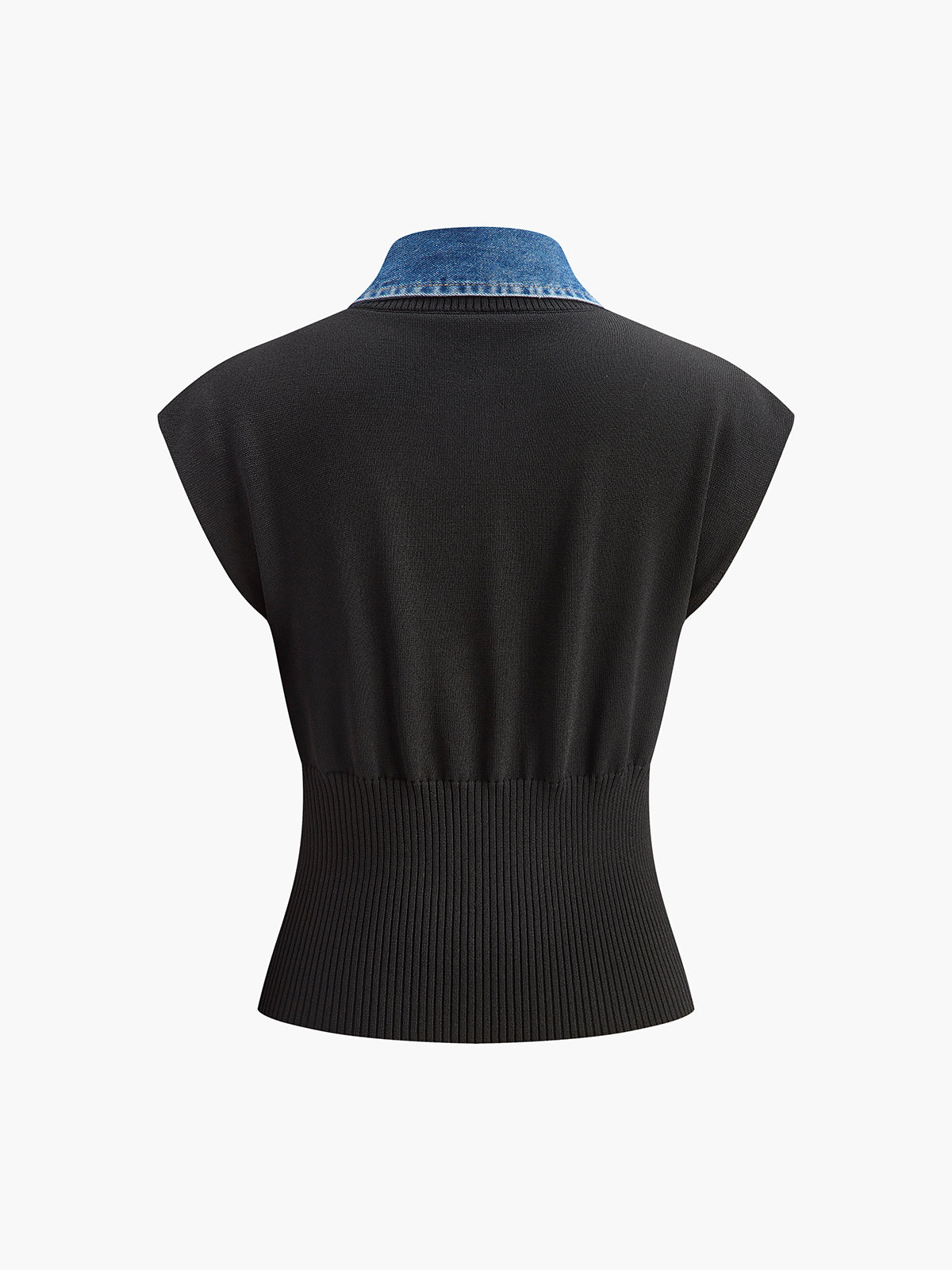 Denim Collar Ribbed Knit Top Black