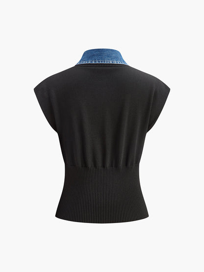 Denim Collar Ribbed Knit Top Black