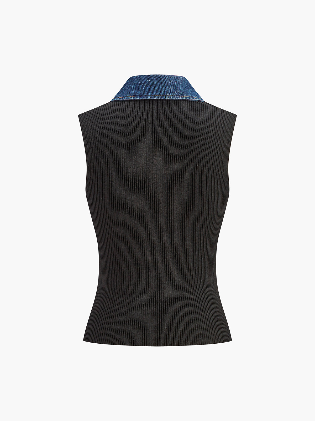 Denim Collar Ribbed Sleeveless Top Black