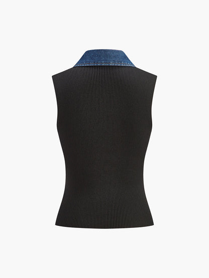 Denim Collar Ribbed Sleeveless Top Black