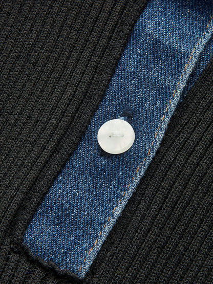 Denim Collar Ribbed Sleeveless Top Black