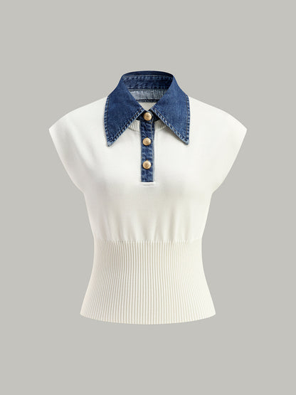 Denim Collar Ribbed Knit Top Off-White