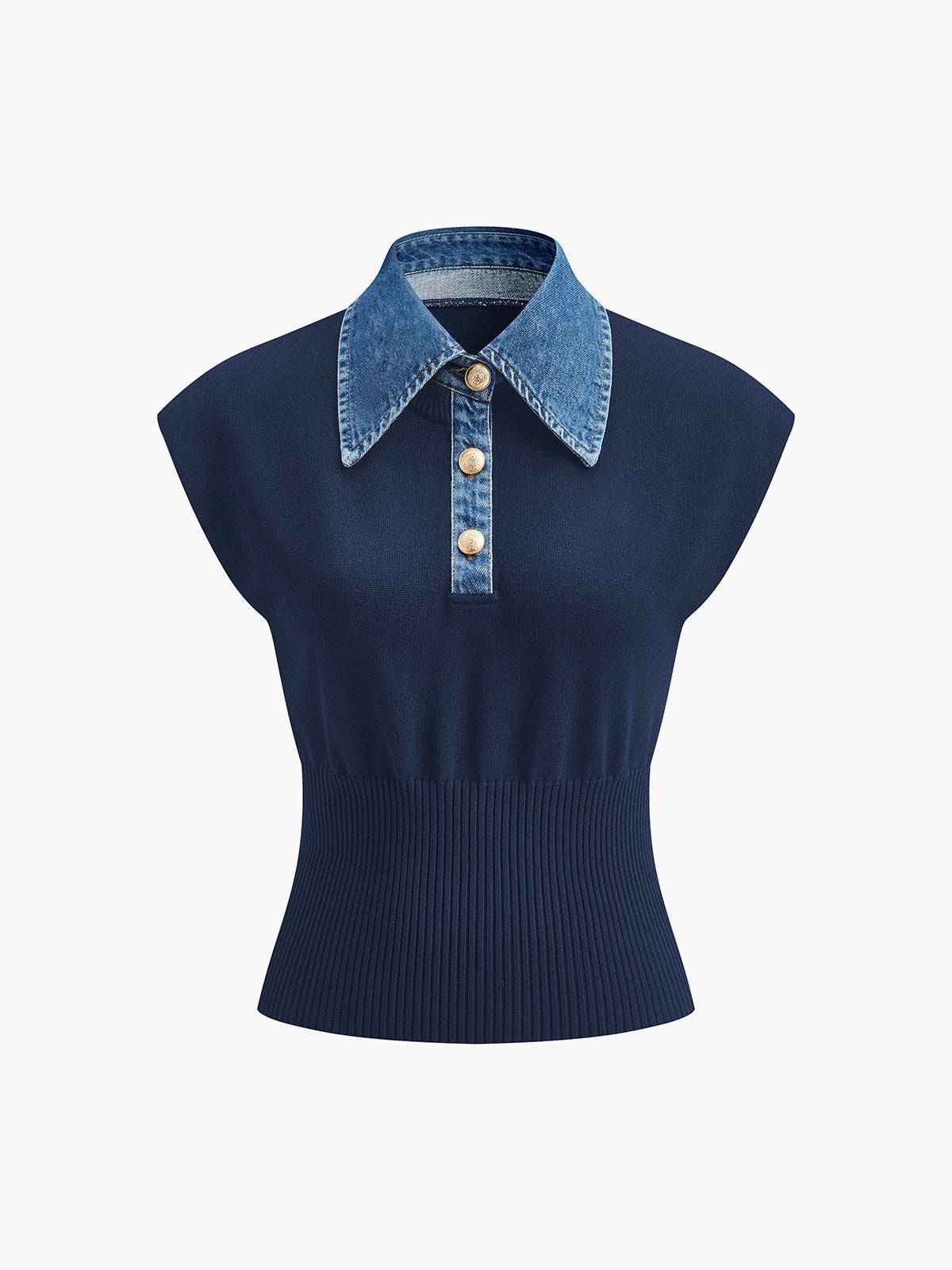 Denim Collar Ribbed Knit Top Blue