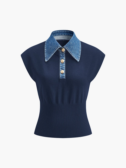 Denim Collar Ribbed Knit Top Blue