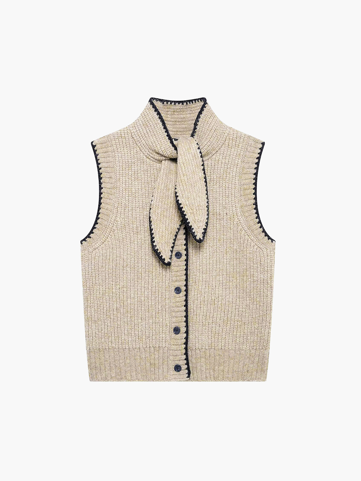 Tie Neck Contrast Trim Button Sweater Vest Khaki