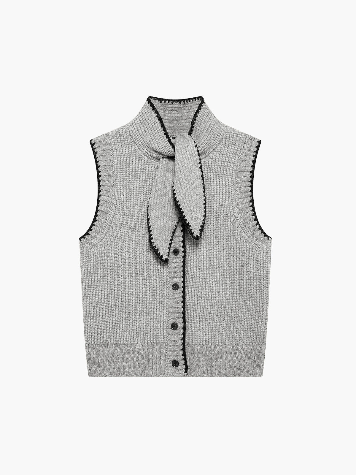 Tie Neck Contrast Trim Button Sweater Vest Grey