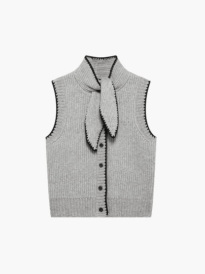 Tie Neck Contrast Trim Button Sweater Vest Grey
