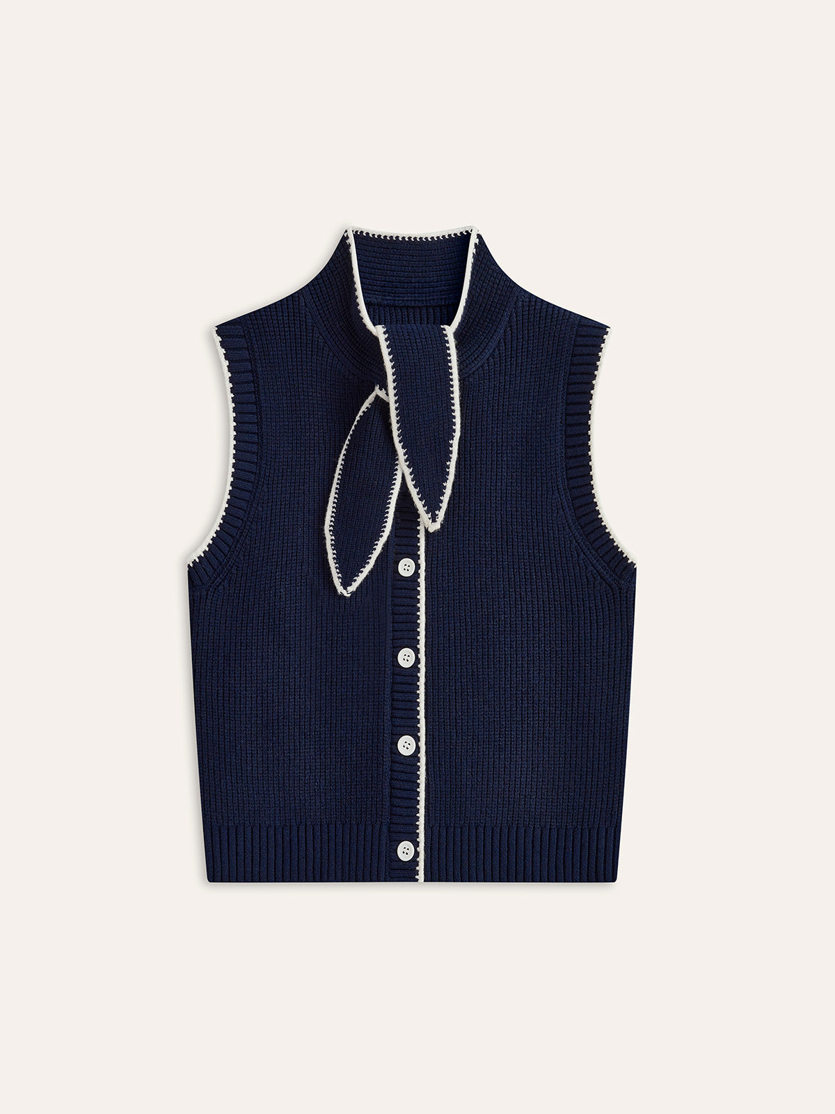 Tie Neck Contrast Trim Button Sweater Vest Navy