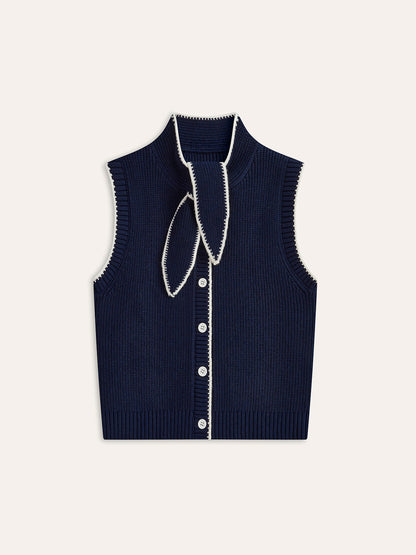 Tie Neck Contrast Trim Button Sweater Vest Navy