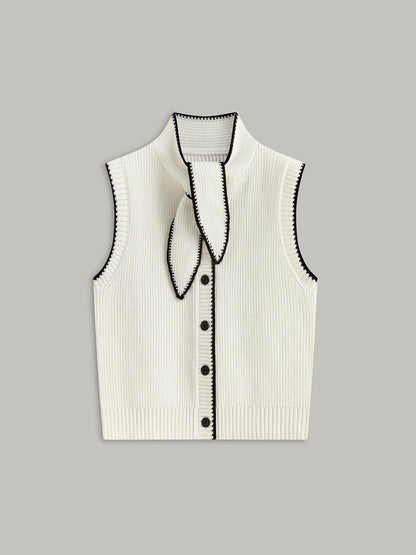 Tie Neck Contrast Trim Button Sweater Vest White