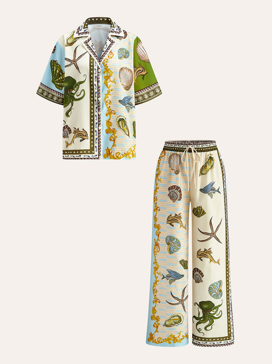 Printed Shirt With Drawstring Pants Set Multicolor