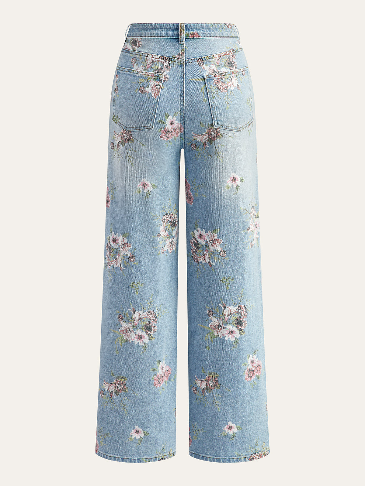 Floral Print Mid-Waist Denim Pants LightBlue