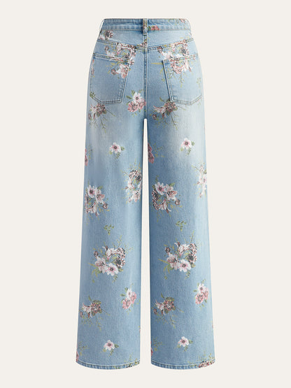 Floral Print Mid-Waist Denim Pants LightBlue