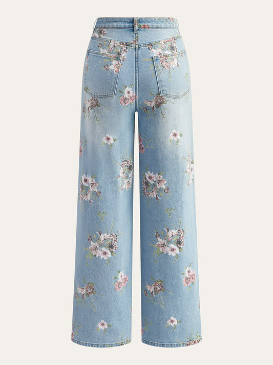 Floral Print Mid-Waist Denim Pants LightBlue