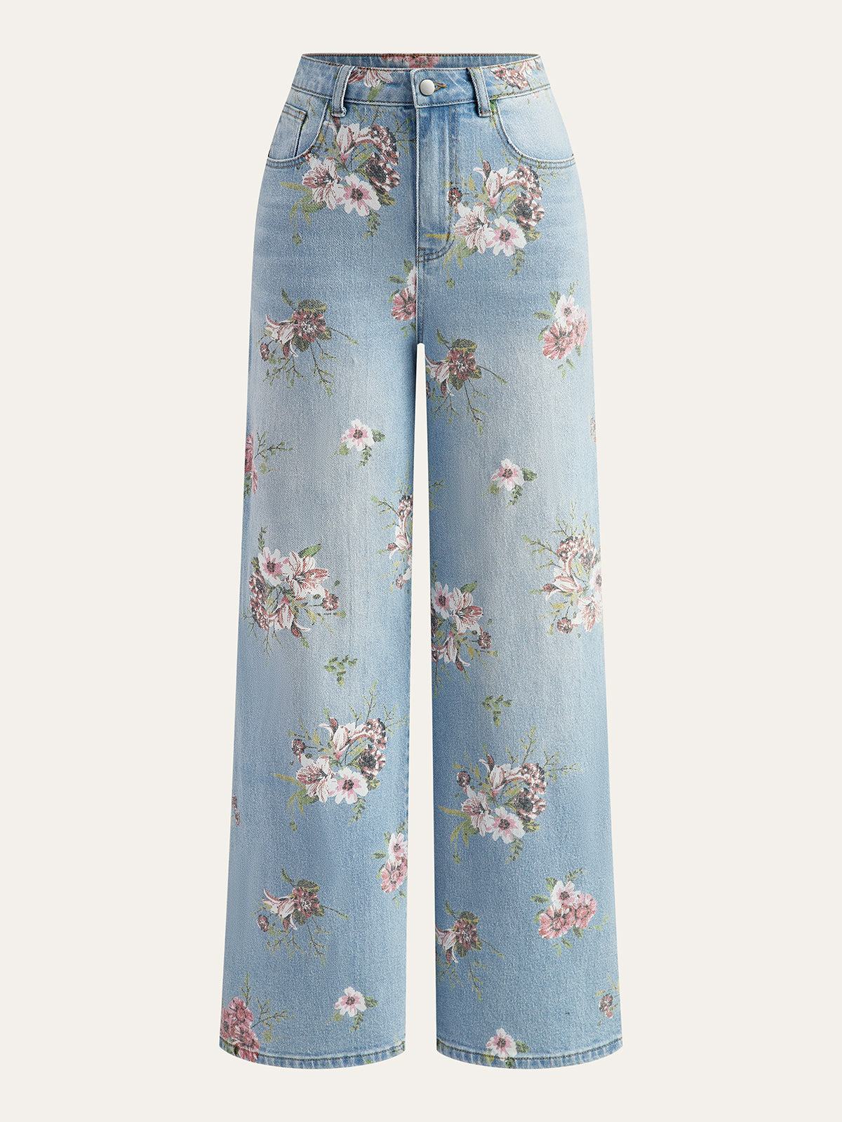 Floral Print Mid-Waist Denim Pants LightBlue