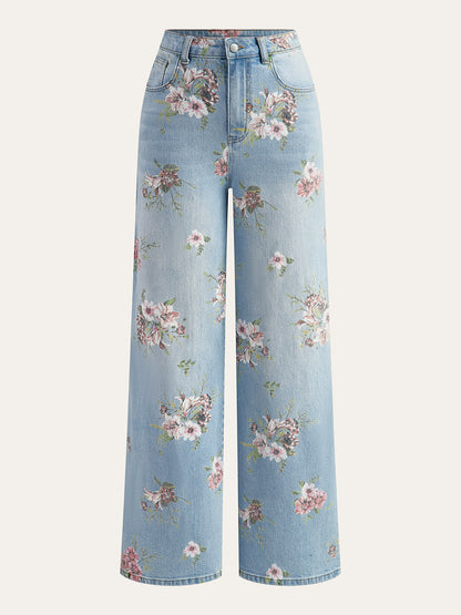 Floral Print Mid-Waist Denim Pants LightBlue