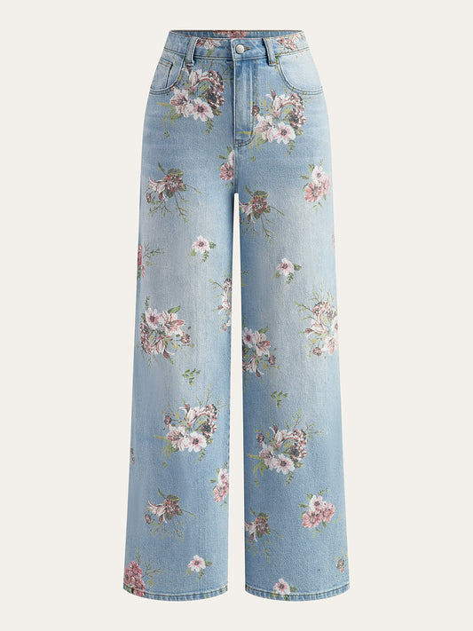 Floral Print Mid-Waist Denim Pants LightBlue