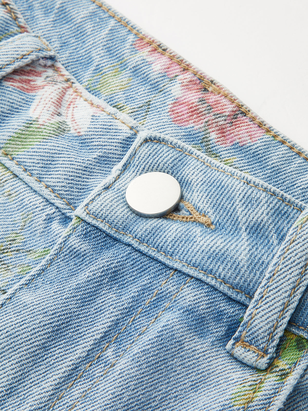 Floral Print Mid-Waist Denim Pants LightBlue