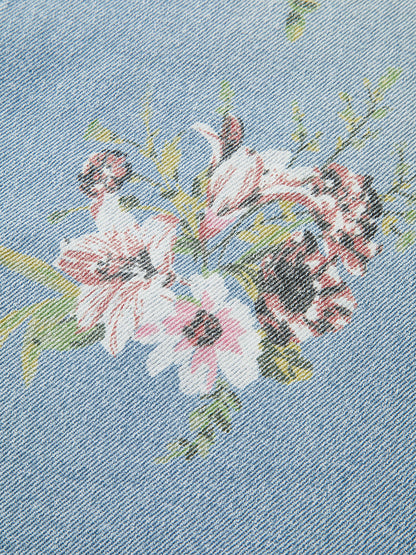 Floral Print Mid-Waist Denim Pants LightBlue