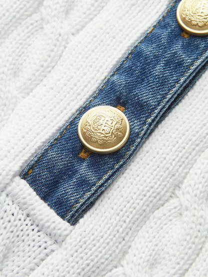 Cotton Denim Collar Knit Top White