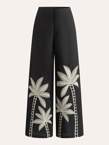 HAVANA | PALM EMBROIDERED PANTS BLACK