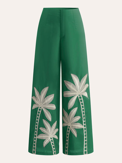 HAVANA | PALM EMBROIDERED PANTS GREEN