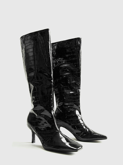 ECLISSE | CROC PATENT KNEE BOOTS BLACK