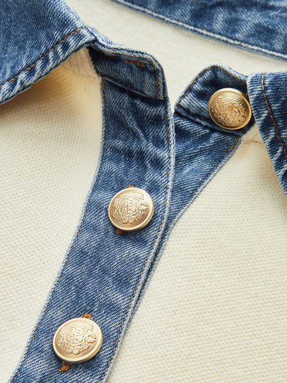 Denim Collar Cinched Knit Top White