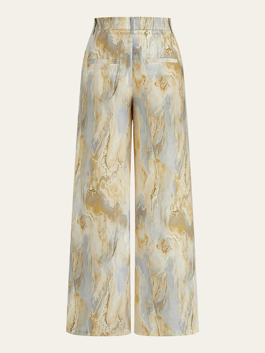 Semi-Sheer Marble Print Straight-Leg Pants Apricot