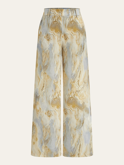 Semi-Sheer Marble Print Straight-Leg Pants Apricot