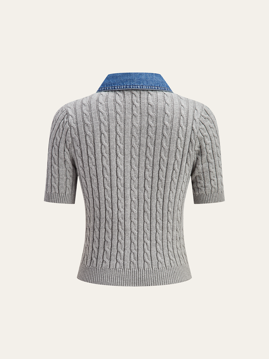 Metal Button Denim Collar Cable-Knit Top Grey