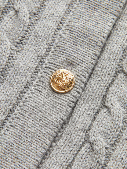 Metal Button Denim Collar Cable-Knit Top Grey