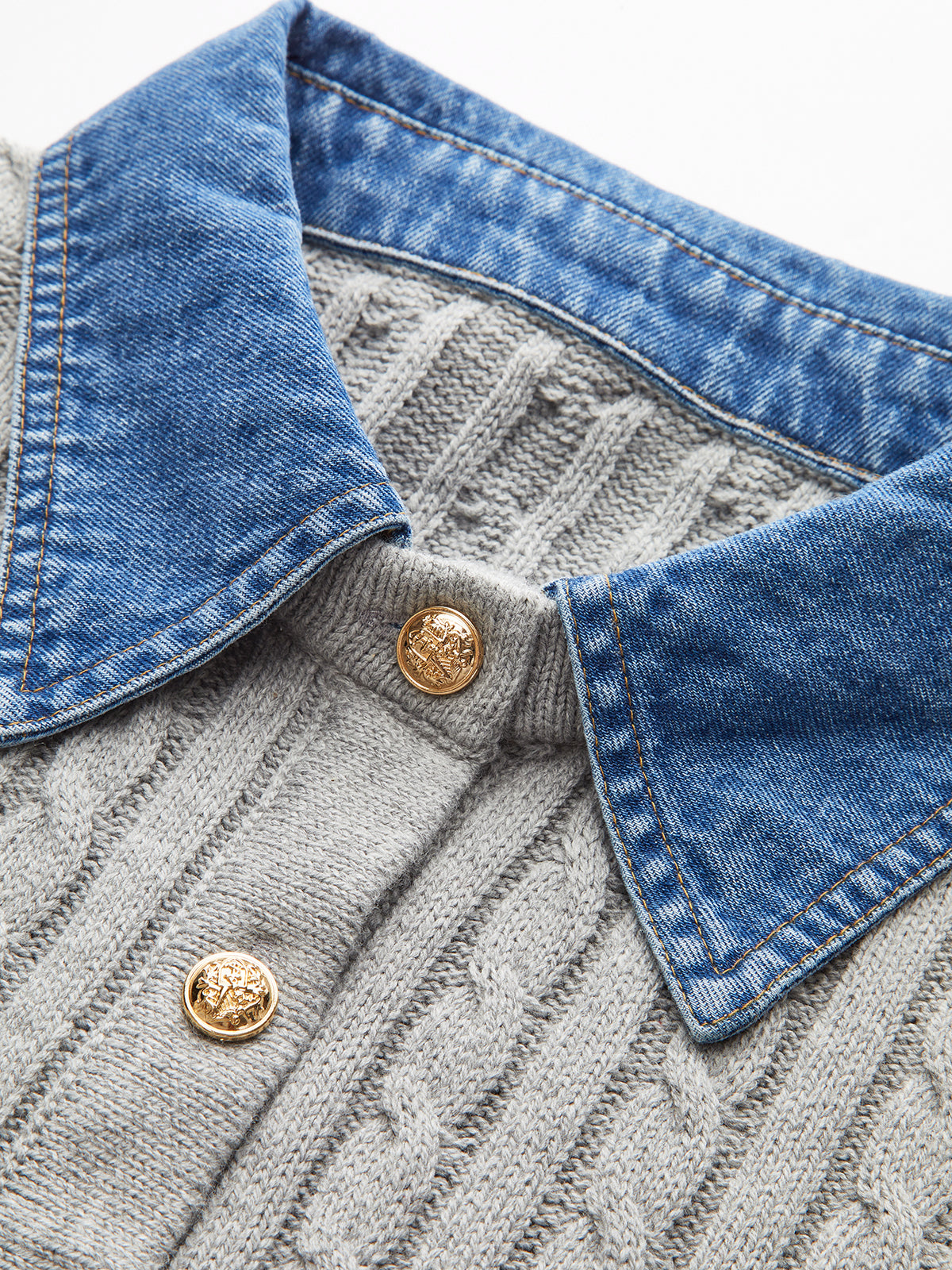 Metal Button Denim Collar Cable-Knit Top Grey