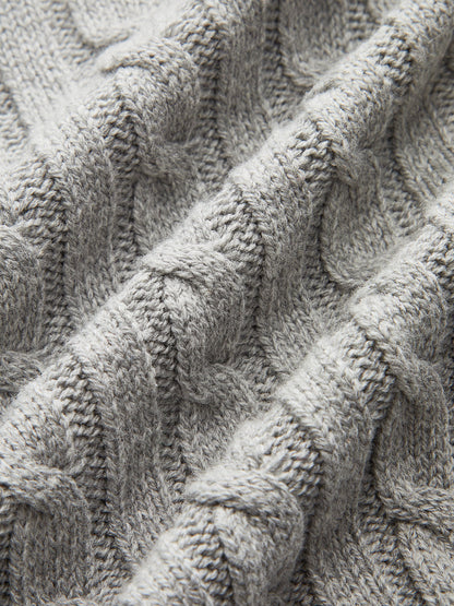 Metal Button Denim Collar Cable-Knit Top Grey