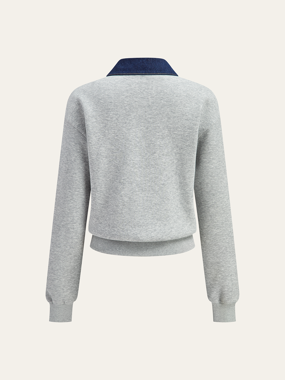 Denim Collar Metal Button Polo Sweatshirt Grey