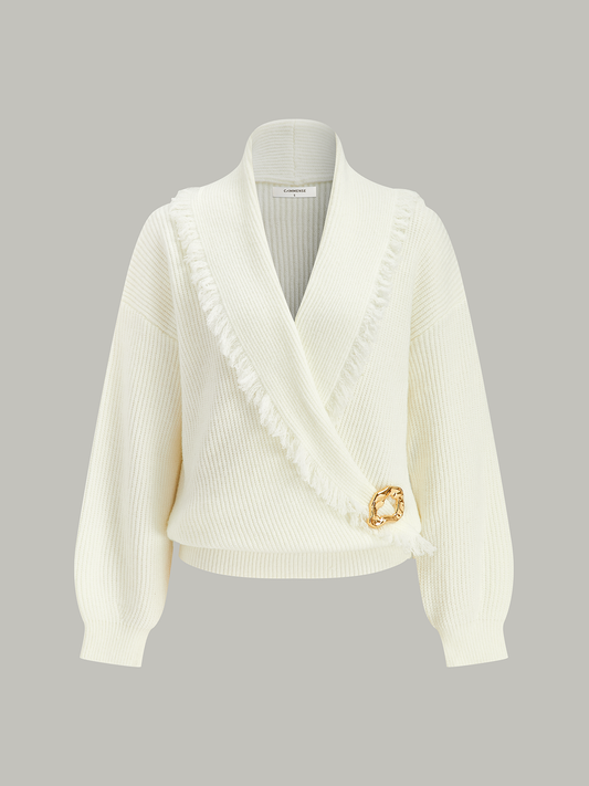 Wrap Fringe Wool Blend Sweater Beige