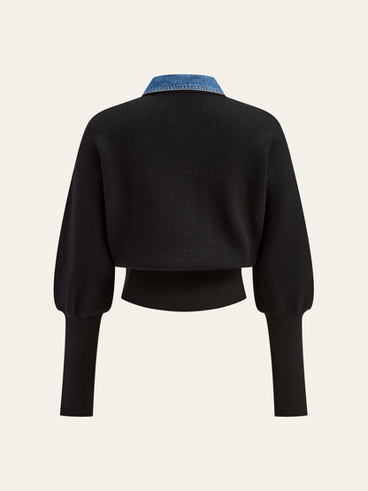 ARLETTE | BLACK KNIT CARDIGAN X DENIM COLLAR