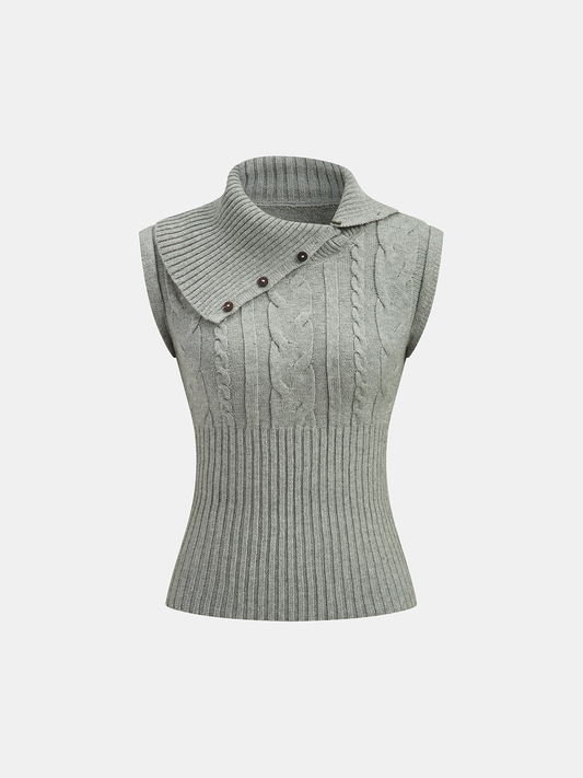 Large Lapel Cable Knit Sleeveless Sweater Vest Grey