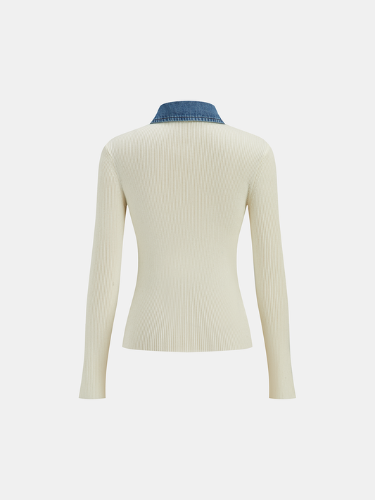 ISLA | FITTED KNIT CARDIGAN X DENIM COLLAR