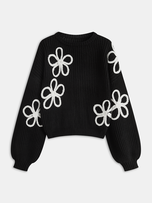 Flower Applique Sweater Black