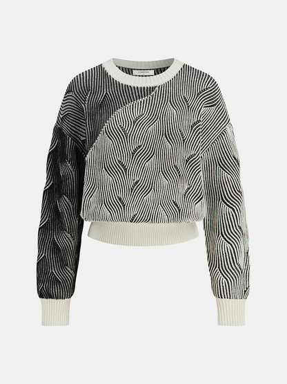 Crew Neck Wave-Knit Sweater BlackandWhite