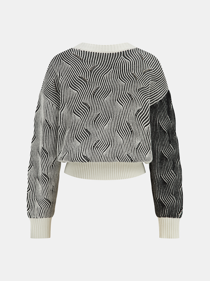 Crew Neck Wave-Knit Sweater BlackandWhite
