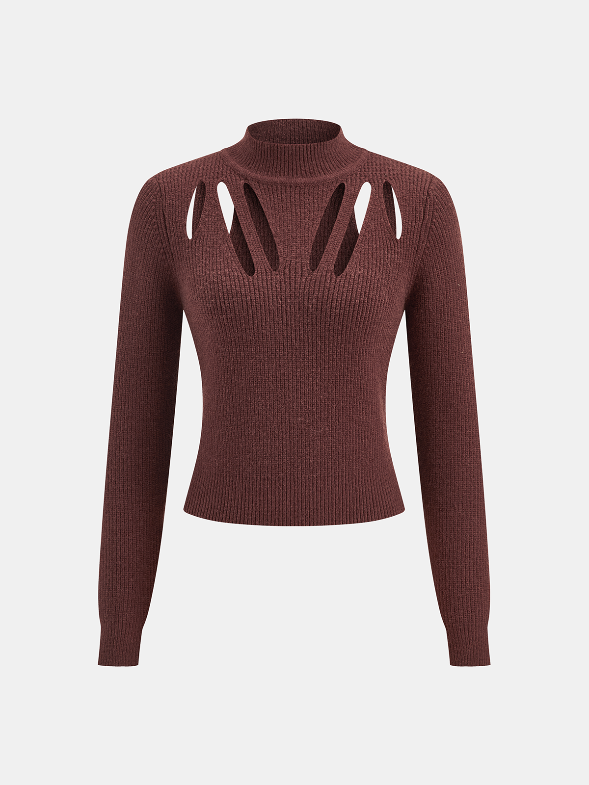Cut-Out Mock Neck Knitted Sweater Brown