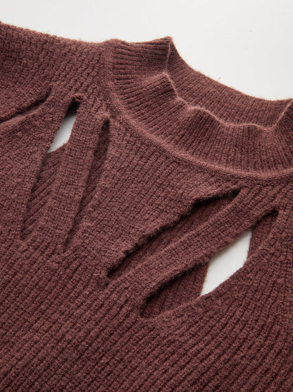 Cut-Out Mock Neck Knitted Sweater Brown