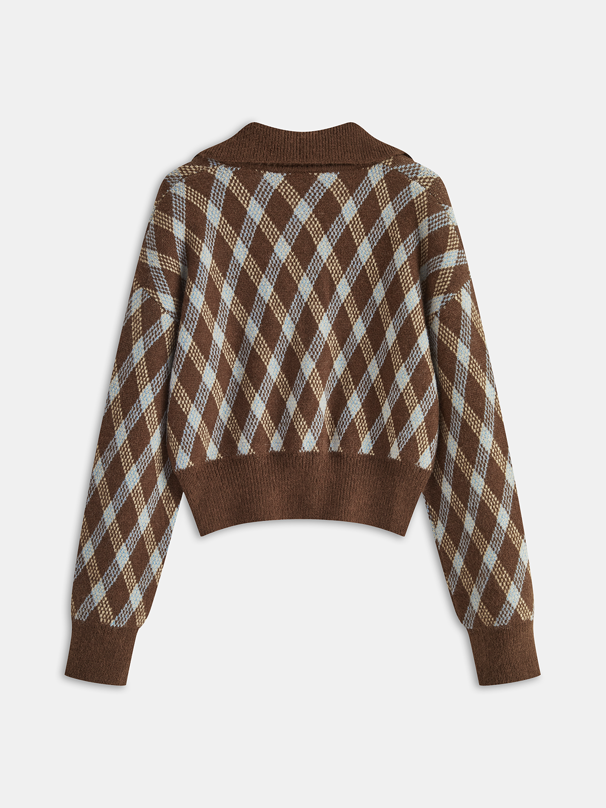 Argyle Patterned Collared Knit Sweater Dark Brown