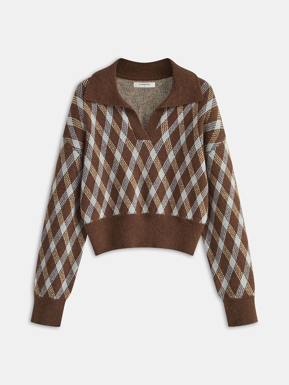 Argyle Patterned Collared Knit Sweater Dark Brown